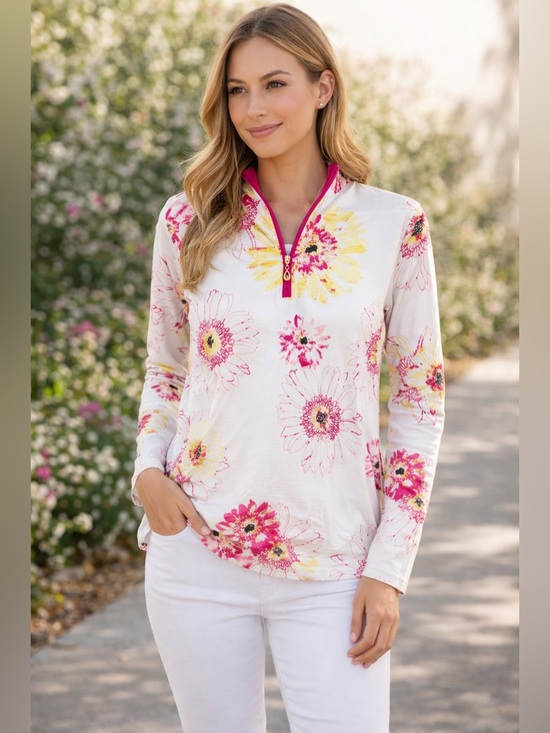 Sal Soleil Floral Quarter Zip Pullover Top Pink Yellow White - Picture 7 of 7